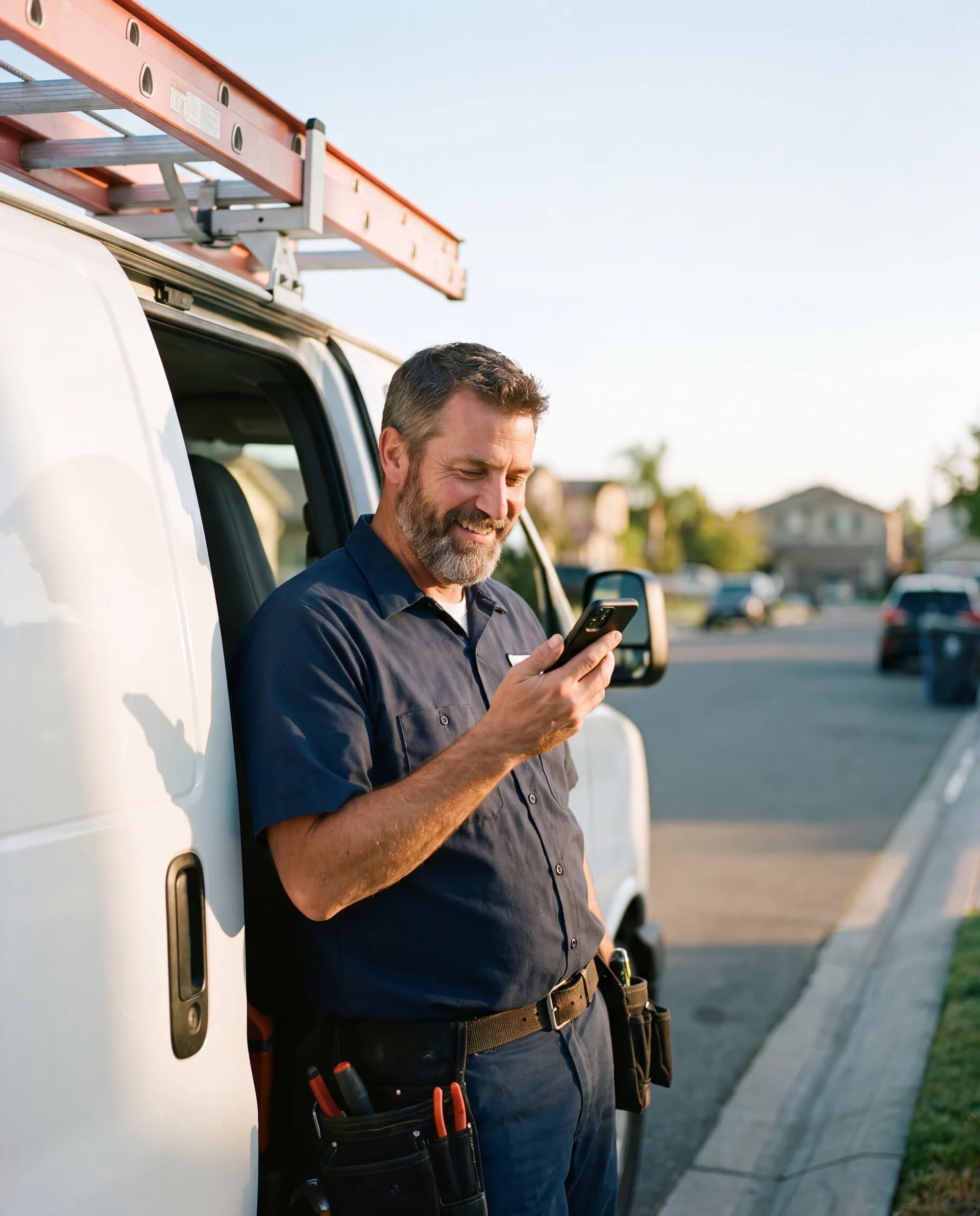 Technician recording a voice note next to his service van